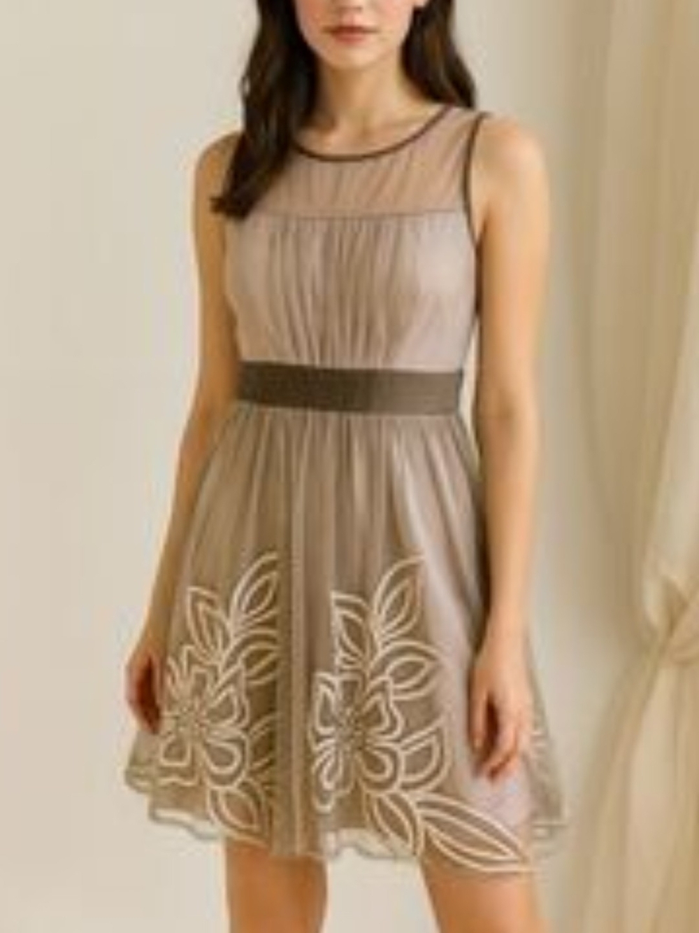 Ryu Taupe Floral Embroidered Mini Dress with Sheer Details